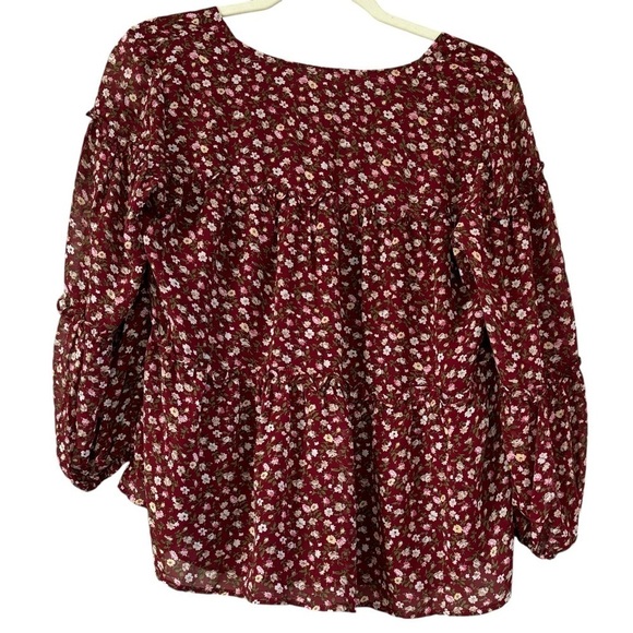 Red Floral Flowy Teared Peasant Top Women’s M Western Workwear Autumn Fall Bow - Picture 2 of 10